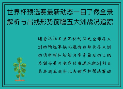 世界杯预选赛最新动态一目了然全景解析与出线形势前瞻五大洲战况追踪